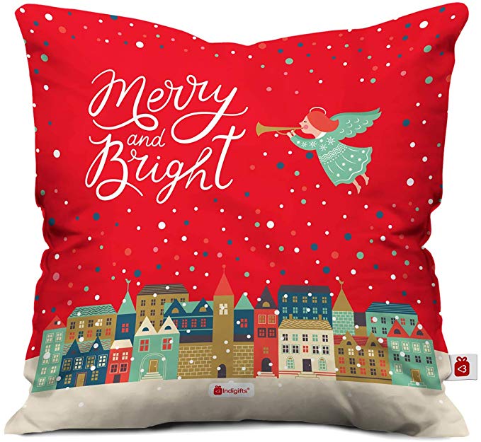 Indigifts Micro Satin Christmas Gifts Merry and Bright Printed Cushion Cover (Red, 16x16 inches)